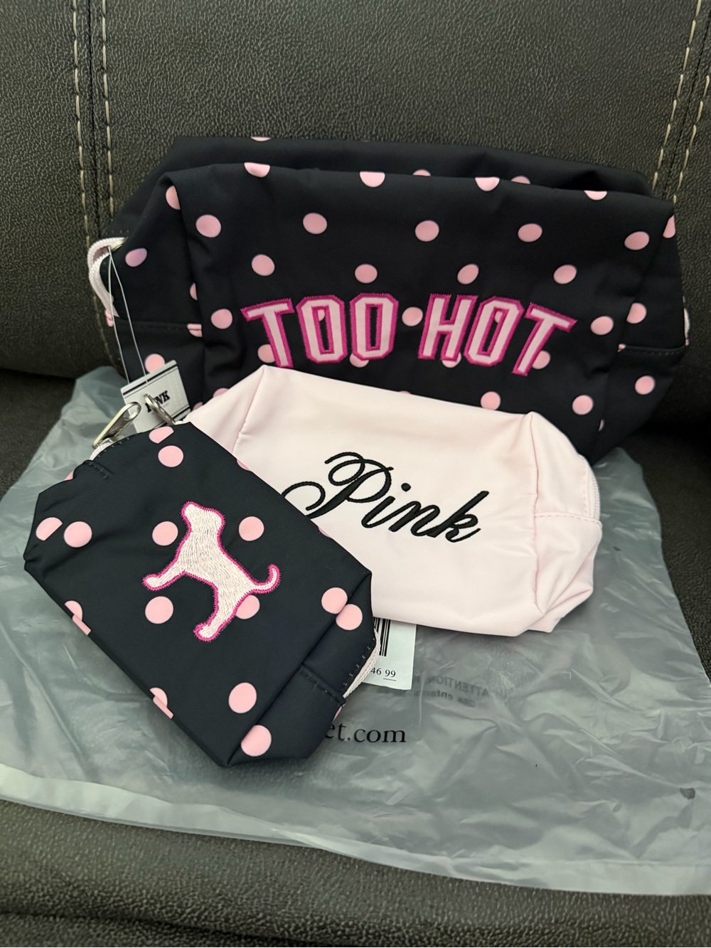 Victoria's Secret Black and  Pink Polka Dot Cosmetic Pouch Set